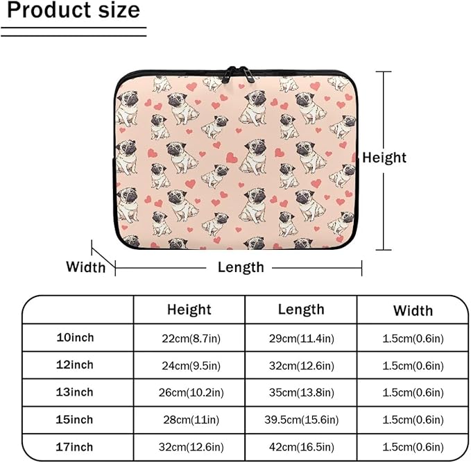 Pug Dog Printed Computer Bags for Laptops for Women, Heart Pattern Computer Carrying Cover Laptop Briefcase, 12 Inch Water Resistant Laptop Case Portable Computer Case Bag