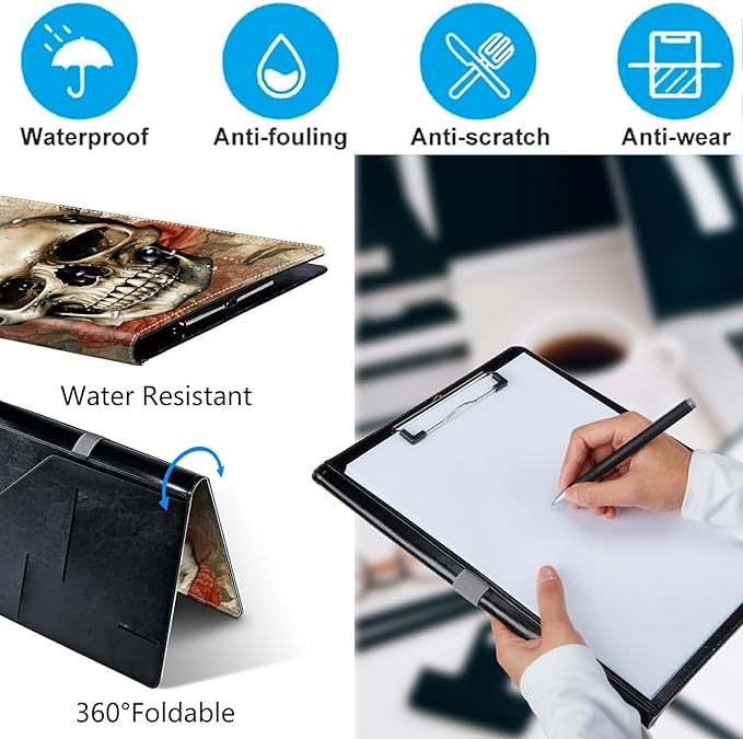 Skull Roses PU Leather Padfolio Clipboard Notepad with Pen Loop and Elastic Strap Interview/Resume Document Organizer for Business School Office