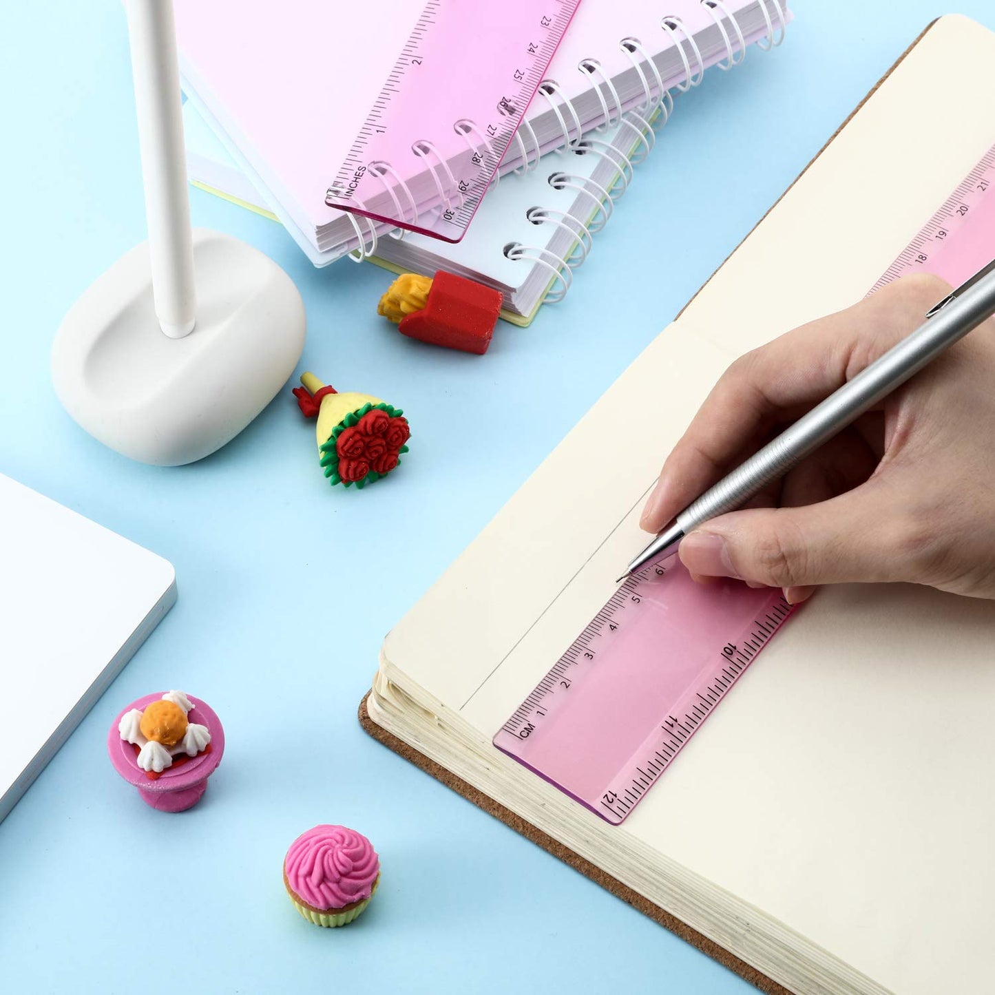 EBOOT 2 Pack Plastic Ruler Straight Ruler Plastic Measuring Tool for Student School Office (Pink, 12 Inch)