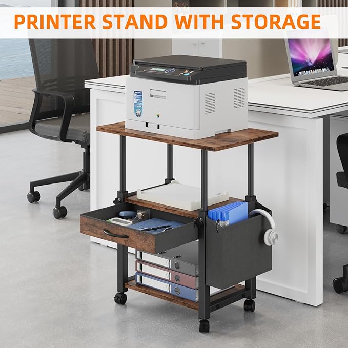 22"x15" Large Printer Stand with Storage Drawer and Side Bag, 3-Tier Height Adjustbale Printer Table for Home Office,Printer Cart fit Heat Press/Laser printer/3D Printer(Rustic Brown)