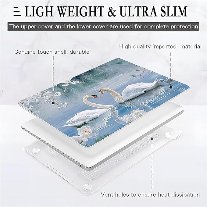 Compatible with MacBook Pro 13.3 Inch Case 2024 2023 2022-2016 Release Model M1 M2 A1706/A1708/A1989/A2159/A2289/A2251/A2338, Elegant Swan Hard Plastic Shell Cover Case