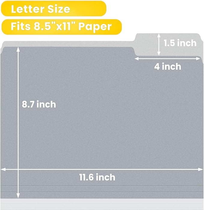 SUNEE File Folders Letter Size Gray, 100 Pack Manilla Folders 8.5 x 11 1/3-Cut Tabs, Colored File Folders Office Home School for Documents Files Paper