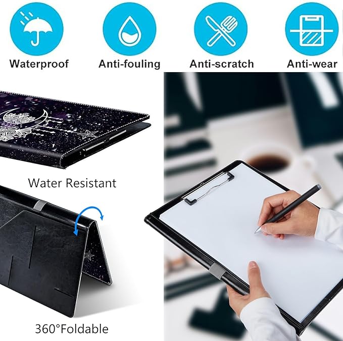 PU Leather Padfolio Clipboard Notepad with Pen Loop and Elastic Strap Interview/Resume Document Organizer for Business School Office,Moon Star Galaxy Florals