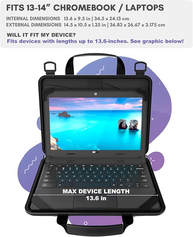 13-14 Inch Protective Always-on Chromebook Hard Case with Accessory Pouch and Adjustable Shoulder Strap