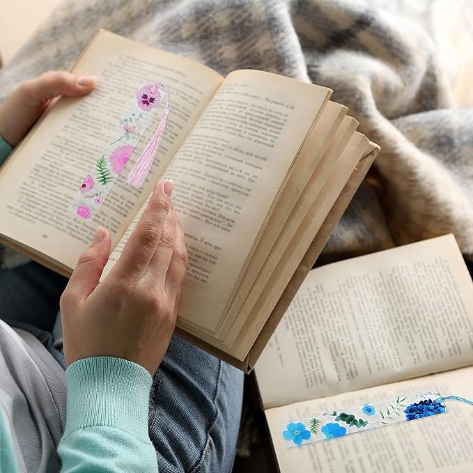 8 Sets Flower Acrylic Bookmarks Transparent Acrylic Bookmarks Cute Floral Bookmarks with Colorful Tassels for Women Teacher Book Lovers, 8 Styles