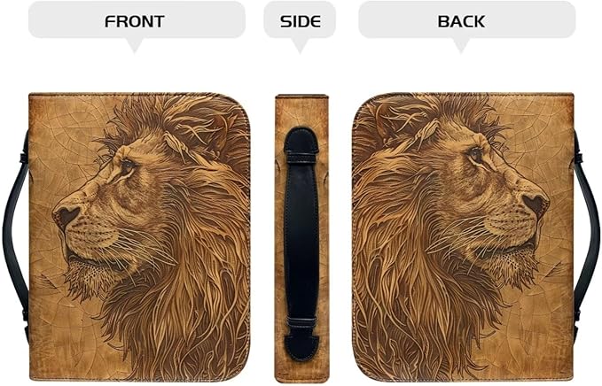 Lotusorchid Lion Print Bible Bag for Men, PU Leather Bible Cover Sturdy Bible Book Carrying Bags Christian Bible Study Accessories for Bible Study, Brown, L