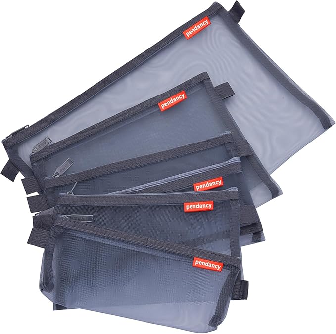pendancy Mesh Zipper Pouch 5pcs Lightweight Nylon File Folders Document Organizer Cosmetic Bags Accessories Storage for Travel and Office Supplies (Grey, A4 A5 A6)