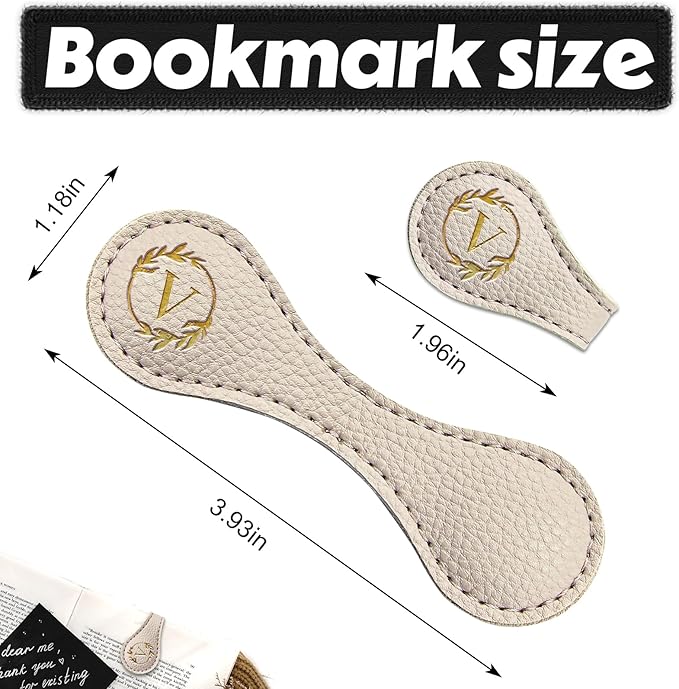 ABTOLS Magnetic Leather Initial Bookmarks, Vintage Initial ID Identification Book Marker Clip Gift Beige Capital Letter Book Markers for Book Lover Avid Readers (V)
