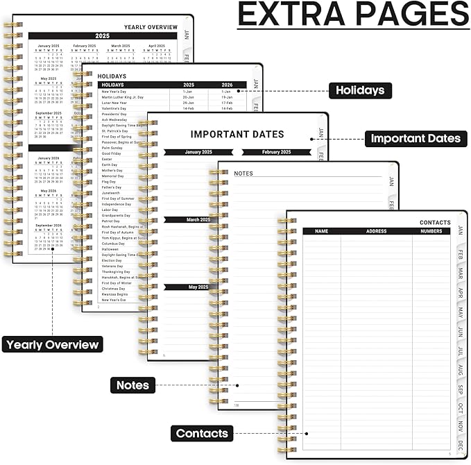 2025 Planner - Weekly and Monthly Planner Spiral Bound, January 2025 - December 2025, Hardcover 2025 Calendar Planner Book with Tabs, Inner Pocket, Perfect for Office Home School Supplies - A4 (8.5" x 11"), Black