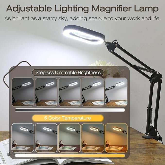 10X Square Magnifying Glass with Light and Stand, Real Glass 5 Color Modes, Brightness Stepless Dimming Lighted Magnifier Hands Free, 2-in-1 Desk Lamp with Clamp for Close Work, Crafts, Hobby, Reading
