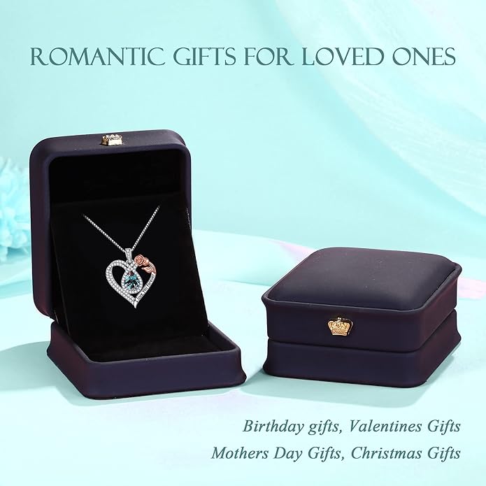 Hidepoo Christmas Gifts for Women Mom Wife - Sterling Silver Rose Heart Birthstone Necklace I Love You Forever Heart Pendant Teardrop Necklace Jewelry Anniversary Valentines Christmas Birthday Gifts