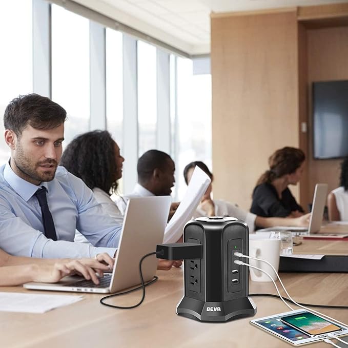 Power Strip Tower Surge Protector BEVA 10ft Flat Plug Desktop Charging Station 9 AC Outlets 4 USB Ports, 900 Joules, Long Extension Cord for Home Office Appliances Smartphones Computer Tablets(Black)