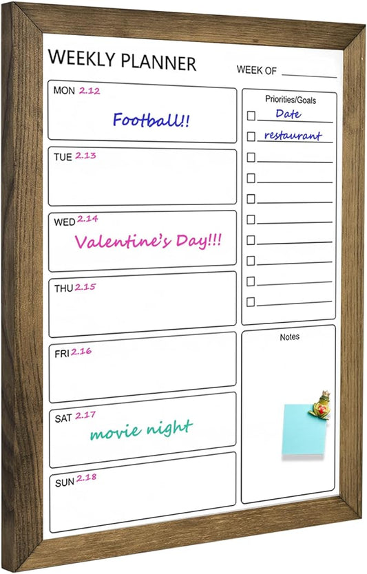 Dry Erase White Board Weekly Calendar Board, Magnetic Whiteboard for Wall,18“x24 Solid Wood Rustic Brown Framed Message Board, Planner Board for Office, Home, School(Weekly-BB-RB-4560)