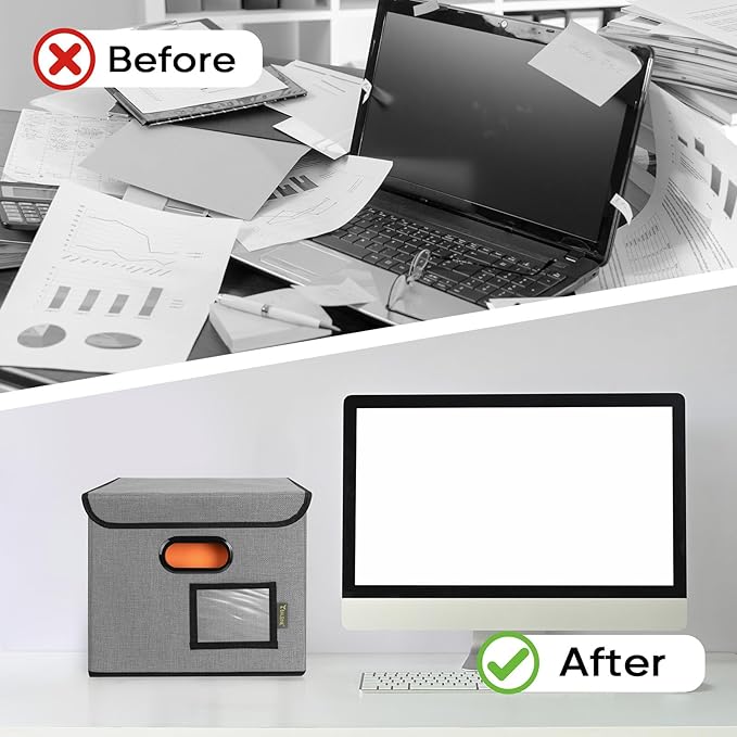BALEINE File Organizer Box with Lid, Collapsible File Folder Organizer with Plastic Slide, Hanging File Folder Box for Office Document Storage (1 Pack, Grey)
