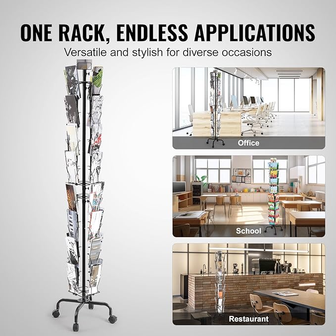 VEVOR Card Display Stand, 32-Slot Rotatable Postcard Holder, 360-Degree Spin with Title Clip & 4 Casters (2 with Brakes) for Office, Exhibits, and Fairs