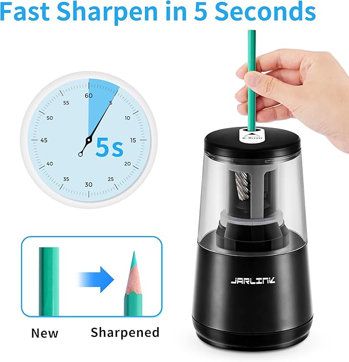 JARLINK Electric Pencil Sharpener, Heavy-duty Helical Blade to Fast Sharpen, Auto Stop for No.2/Colored Pencils(6-8mm), USB/Battery Operated in School Classroom/Office/Home (Black)