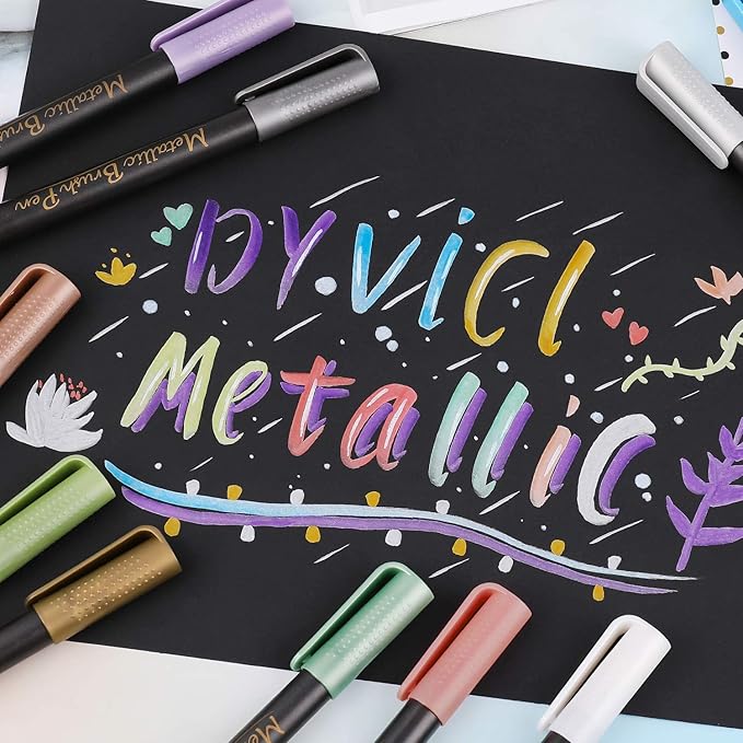 Dyvicl Metallic Brush Marker Pens - Metallic Pens Art Markers for Calligraphy, Brush Lettering, Black Paper, Rock Painting, Card Making, Scrapbooking, Fabric, Metal, Ceramic, Wine Glass, Set of 9