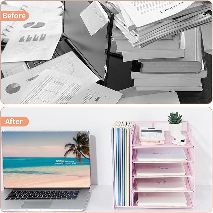 Desk Organizers and Accessories, 5-Tier Paper Letter Tray Organizer with File Holder, Pink Office Decor (Pink)
