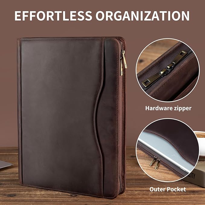 YIWEN Handmade Crazy-Horse Leather 3 Ring Binder Portfolio Padfolio Folder with Zipper for Men and Women, Business Organizer for Letter A4 Size for Meeting and Travel (Custom Engraved, Dark Brown)