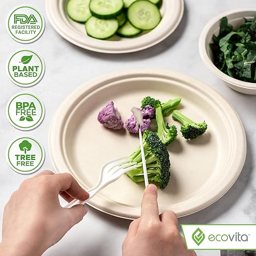 100% Compostable Forks Spoons Knives Cutlery Combo Set - 380 Large Disposable Utensils (7 in.) Eco Friendly Durable and Heat Resistant Alternative to Plastic Silverware with Convenient Tray