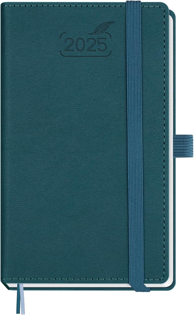 BEZEND Pocket Calendar 2025 for Purse 3.5" x 6", 2025 Pocket Planner Daily Weekly & Monthly with Pen Holder, Small Agenda 2025 with Vegan Leather Hard Cover - Dark Green