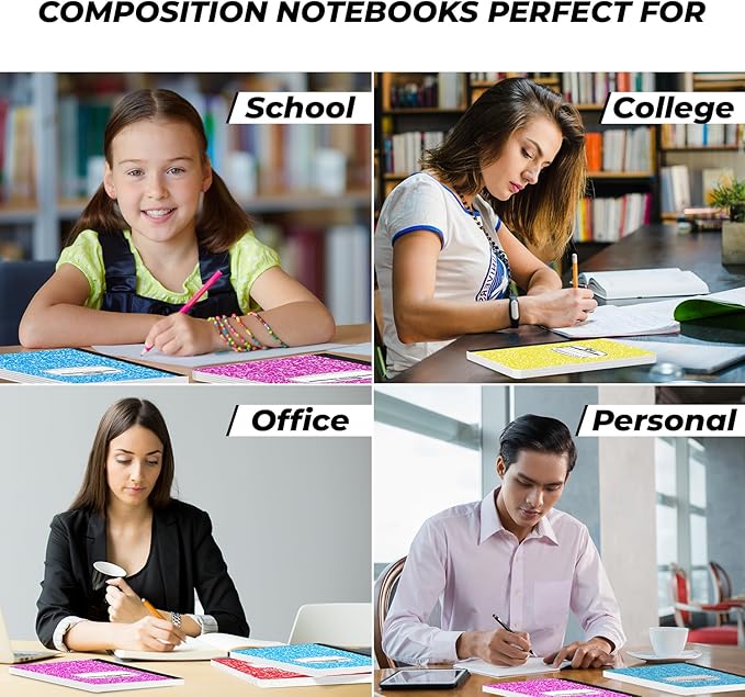5 Pack Composition Notebooks College Ruled, 200 No Bleed Pages (100 Sheets) 9-3/4x7-1/2 Notebooks for Work, Back to School Supplies for College Students, Notebooks for Women, Colors May Repeat