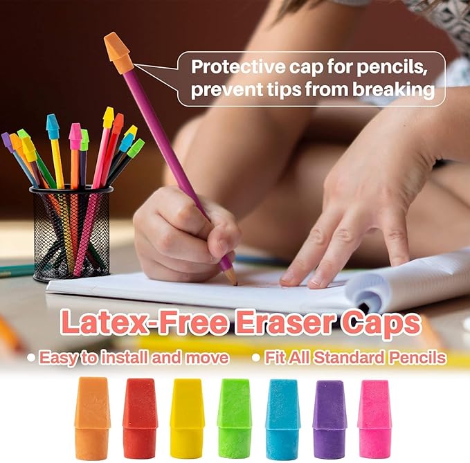 Sukh Cap Erasers for Pencils Pulk - Pencil Top Erasers Cap Erasers Toppers for Latex Free Assorted Colors School Supplies for Teachers Sudents Classroom Home and Office (Pack of 100)