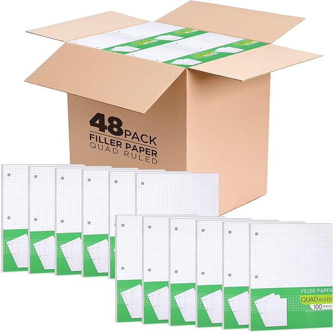 Graph Paper, Filler Paper Loose leaf Graph Paper - 8” x 10.5" - Graph Ruled, 4x4 Quad Ruled Notebook Paper, 3 Hole Punched Loose leaf Papers for 3 Ring Binders - 100 Sheets Pack (Bulk Buy - 48 Pack)