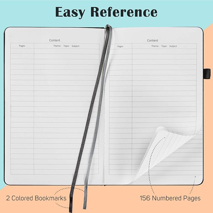 MALEDEN 7 Pack Lined Journal Notebook, Hardcover PU Leather Notebook for Men Women, 100 GSM Thick Numbered Pages with Index Content, Inner Pockets, Bookmarks, A5 Ruled Writing Journal Bulk (Black)