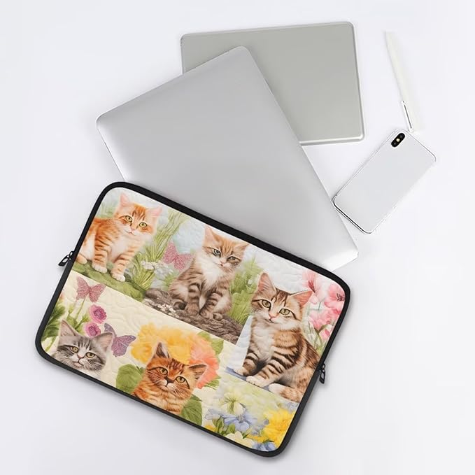 Cat Floral Printed Computer Case Bag for Girls Boys, Washable 12 Inch Laptop Bag Carrying Case Cute Laptop Briefcase Neoprene with Zipper, Compatible with Various Computers