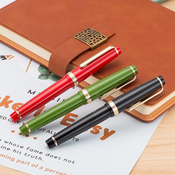 Jinhao 82 Red Acrylic Fountain Pen, Iridium Extra Fine Nib Classic Design Smooth Writing Pen with Ink Converter (Gold Trim)