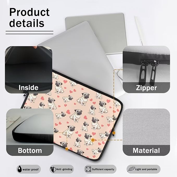 Pug Dog Printed Computer Bags for Laptops for Women, Heart Pattern Computer Carrying Cover Laptop Briefcase, 12 Inch Water Resistant Laptop Case Portable Computer Case Bag