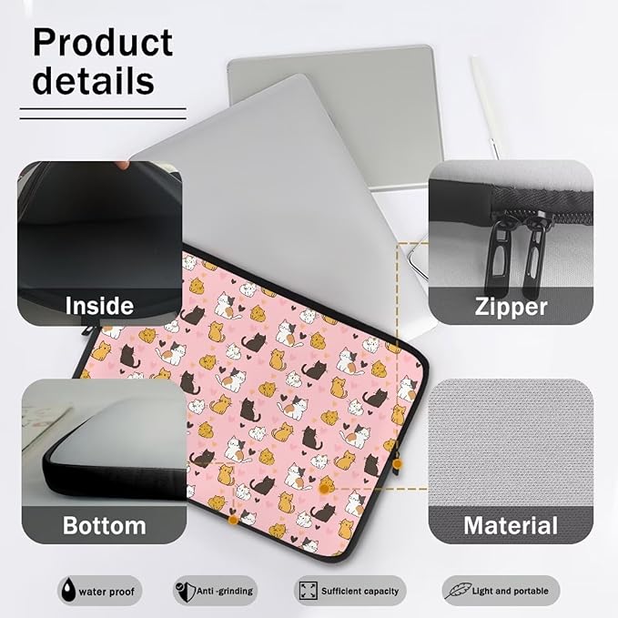 Cat Print Laptop Briefcases for Men Women, Heart Pattern Laptop Sleeve Case Water Resistant Neoprene Computer Carrying Cover 17 Inch Laptop Carrying Bag