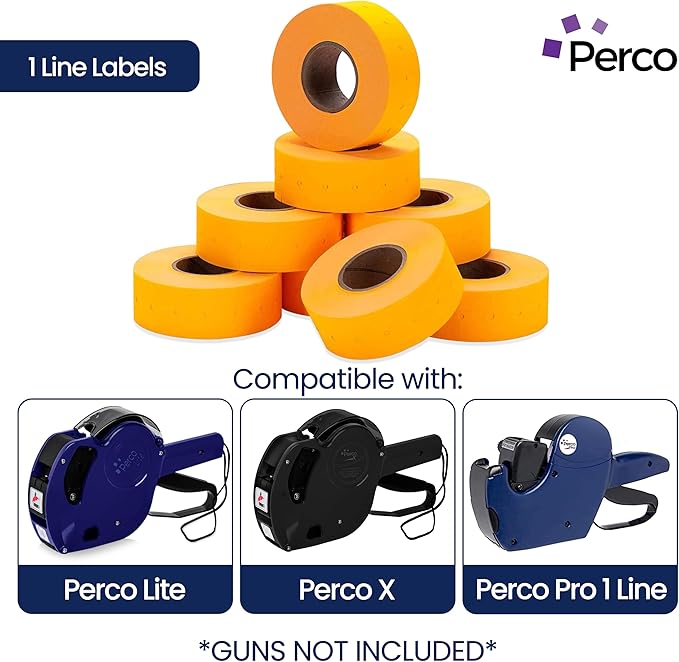 Perco 1 Line Fluorescent Orange Labels - 32 Rolls, 4 Sleeves, 32,000 Blank Price and Date Gun Labels for Perco 1 Line Price and Date Guns - Made in USA