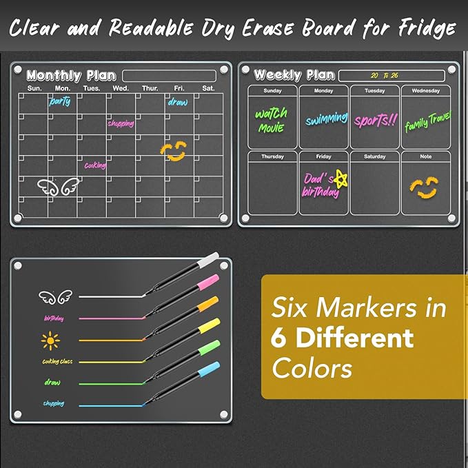 DIYMAG 3Pcs Acrylic Magnetic Dry Erase Calendar for Fridge, Clear Acrylic Calendar Planning Board Set Magnetic Weekly Monthly Planner Menu for Refrigerator with 6 Highlight