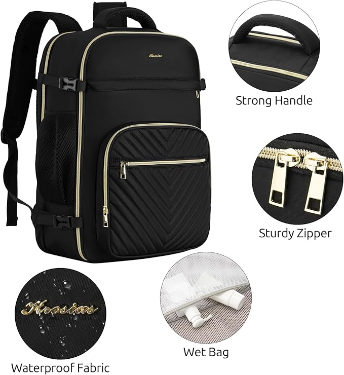 Travel Backpack for Women, Carry On Backpack for Airplanes Flight Approved, Waterproof Large Weekender Overnight Bag Fit 17 Inch Laptop with USB Charging Port, Black