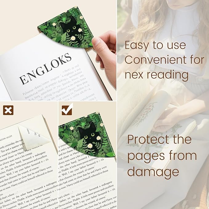 Black Cat Corner Bookmarks, Cute Leather Book Accessories for Book Lovers, 3 Pcs Reading Book Page Markers for Women Men Student Teacher Girls Boys Kids Retirement Birthday Gifts (Garden)