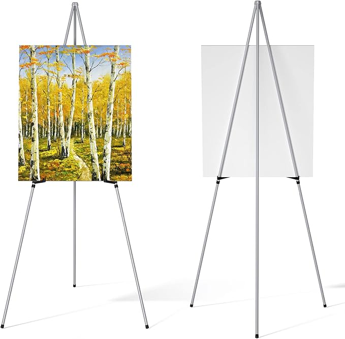 Display Artist Easel Stand - 63" Instant Tripod Collapsible Portable Floor Easel - Easy Folding Adjustable Art Poster Metal Stand for Display Show, Wedding, Painting - Silver