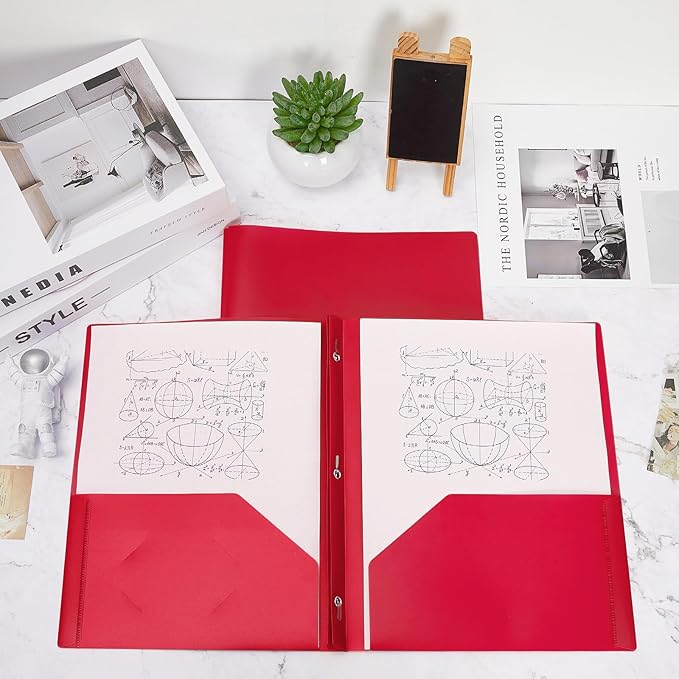 Lincia 100 Pcs Plastic Folders with Pockets and Prong Folders with Prongs Plastic Folders with 2 Pockets Pocket Folders for Office, School for Students, Teachers, Office Workers (Red)