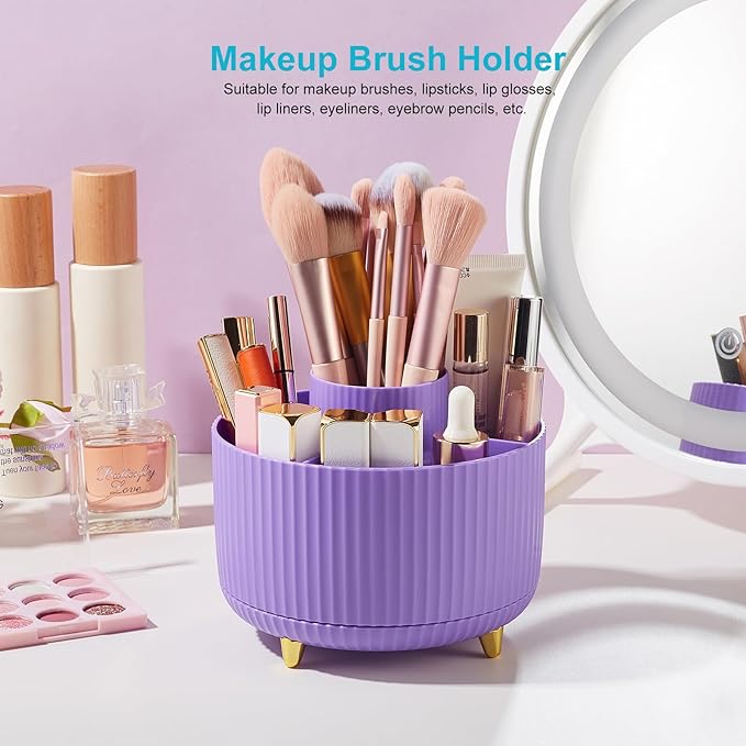 Desk Pencil Pen Holder, 5 Slots 360 Degree Rotating Pencil Pen Organizers for Desk Desktop Storage Stationery Supplies Organizer Cute Pen Cup for Office School Home Art Supply Purple