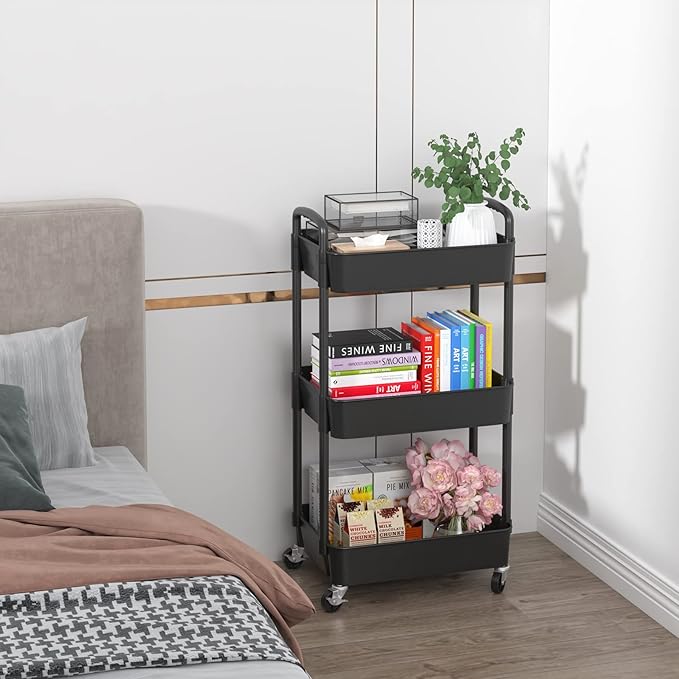 Sywhitta 3-Tier Plastic Rolling Utility Cart with Handle, Multi-Functional Storage Trolley for Office, Living Room, Kitchen, Movable Storage Organizer with Wheels, Black