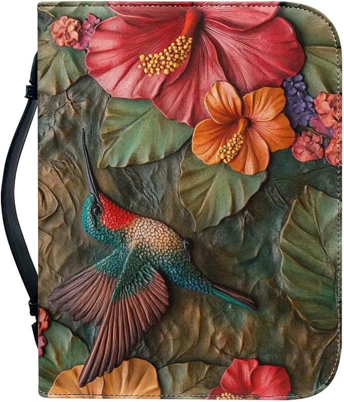 Lotusorchid Leather Bible Book Cover Case with Handle Pocket, Hummingbird Bible Cover Case with Pen Storage, Sturdy PU Bible Tote Bag, Bible Accessories, L