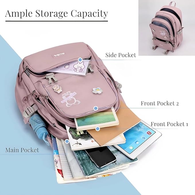 Cute School Laptop Backpack with Large Capacity Multiple Pockets for Girls Travel Friendly with Luggage Strap Accessory Included (Grey)
