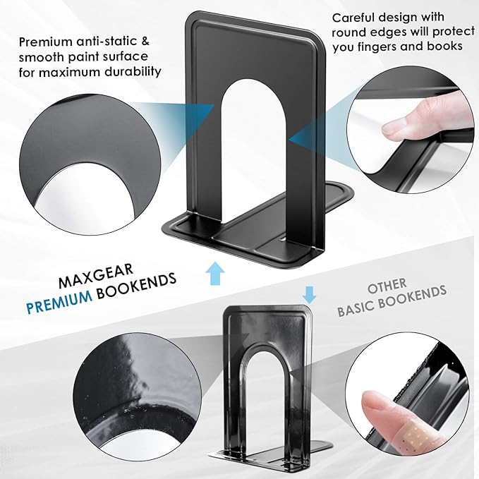 MaxGear Book Ends Universal Premium Bookends for Shelves, Non-Skid Bookend, Heavy Duty Metal Book End, Book Stopper for Books/Movies/CDs/Video Games, 6 x 4.6 x 6 in, Black (6 Pairs/12 Pieces, Large)