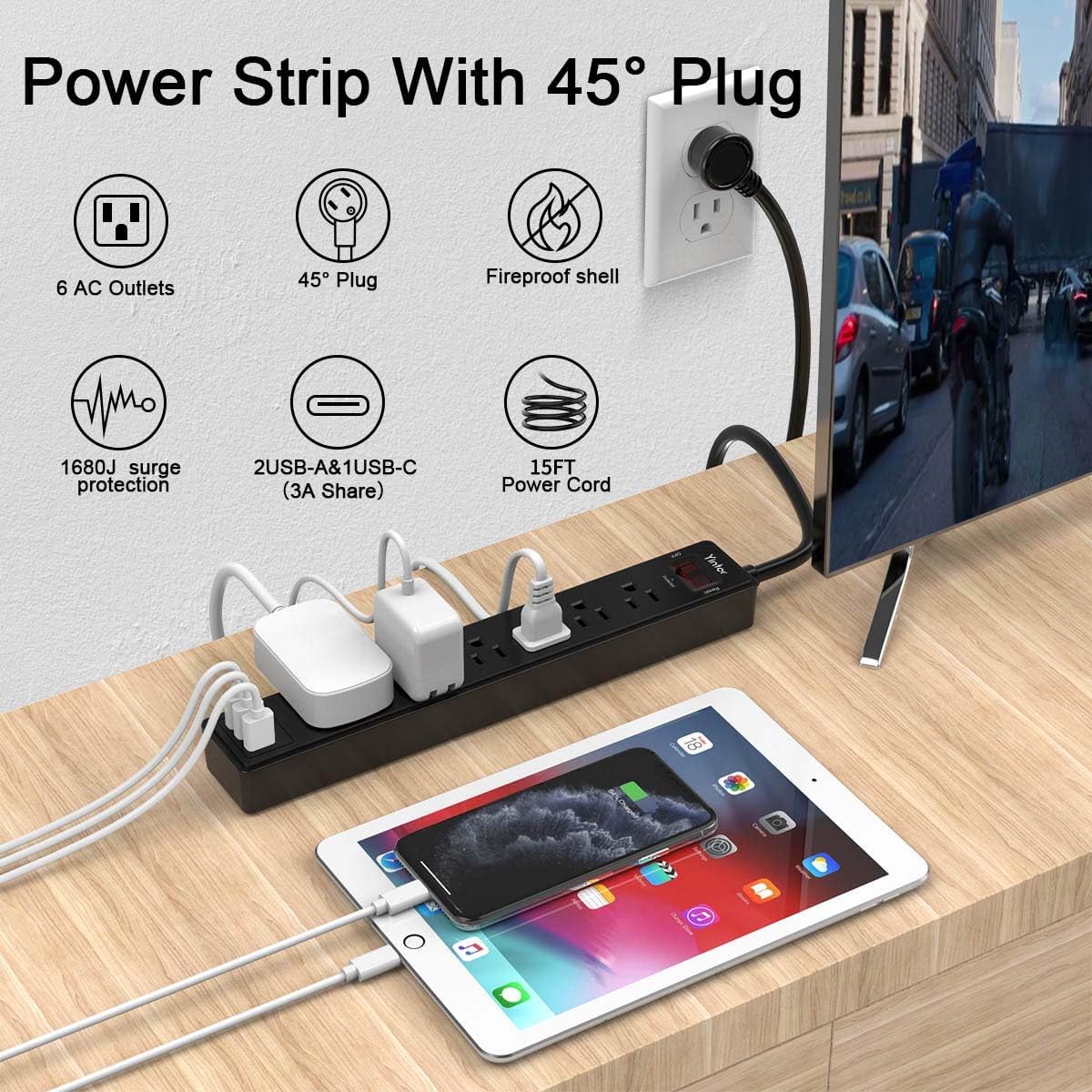 15Ft Power Strip Surge Protector - Yintar Extension Cord with 6 AC Outlets and 3 USB Ports for Home, Office, Dorm Essentials, 1680 Joules, ETL Listed, Black