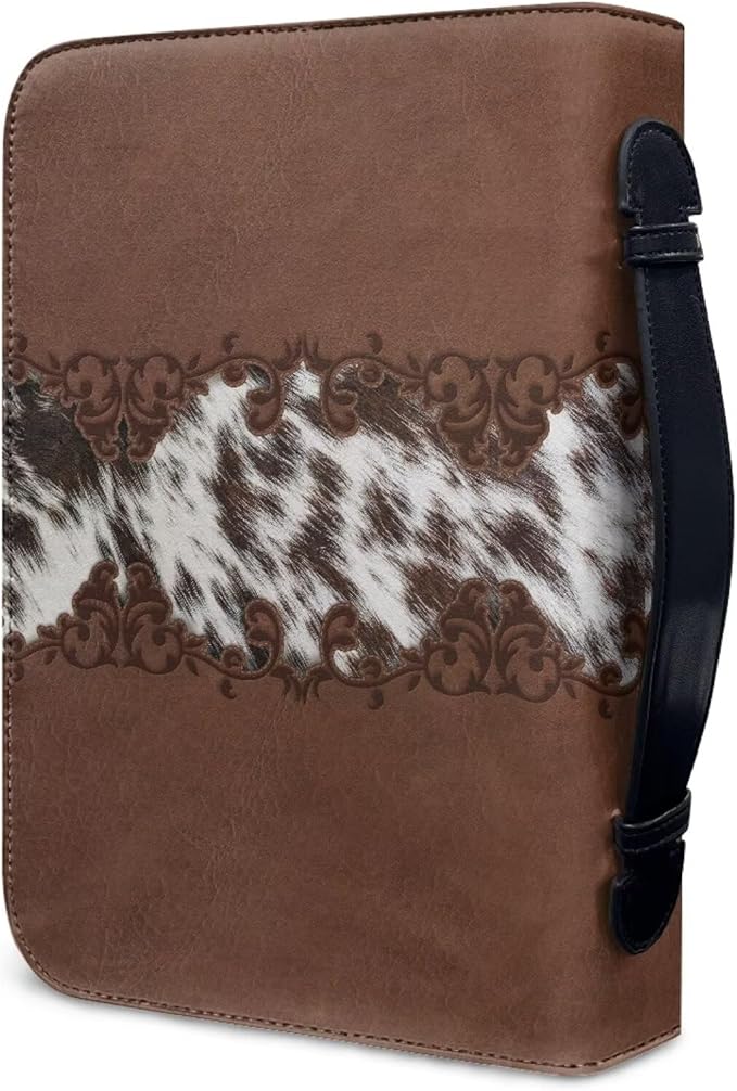 Vintage Cow Print Leather Bible Cover Bible Cover Cases for Church Studying Pouch Bible Tabs Carrier Pen Holder Multi Pocket Bible Bag M-2XL