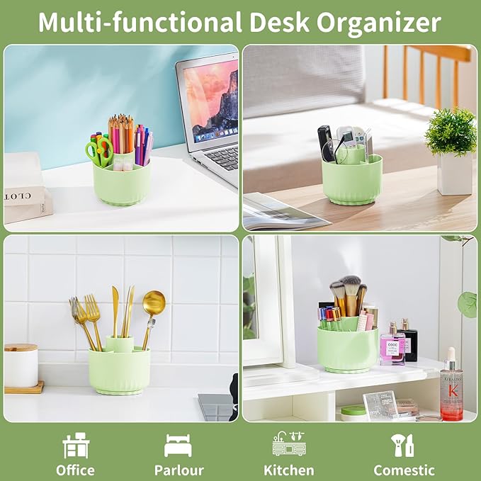 Marbrasse Desk Organizer, 360-Degree Rotating Pen Pencil Holder for Desk, Desk Organizers and Accessories with 5 Compartments Pencil Organizer, Art Supply Storage Box Caddy for Office, Home(Green)