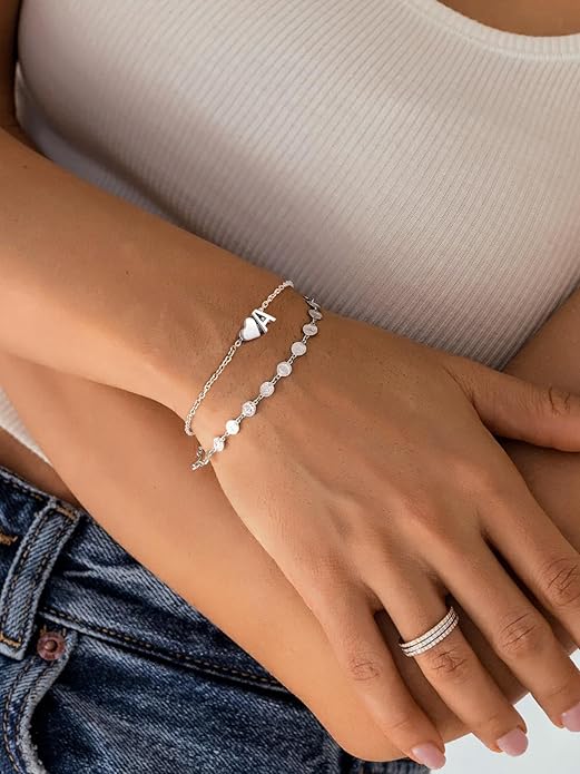 Silvora 925 Sterling Silver Dainty Initial Bracelet with Heart - 6.3" + 2" Adjustable Personalized 26 Letter Bracelet Jewelry Heart Bracelet for Women