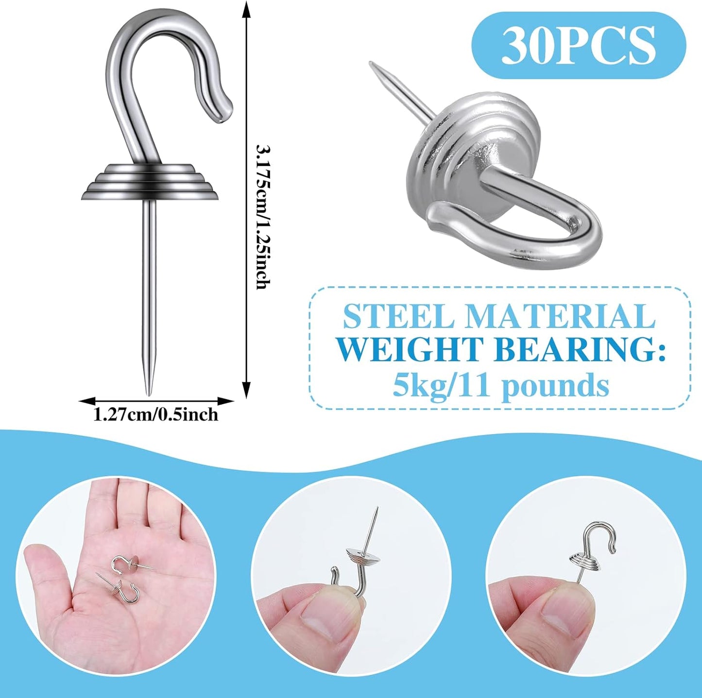 Hotop 30 Pieces Push Pin Wall Hooks Metal Thumb Tack Hangers Iron Alloy Nail Decorative Picture Hooks for 20 Lbs Home Office School Party Supply (Silver)