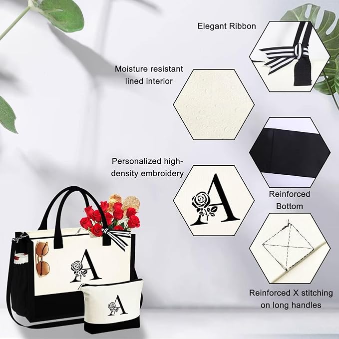 YOOLIFE Christmas Gifts for Women - Initial Canvas Tote Bag & Makeup Bag Birthday Gifts for Women Mom Friend Teacher Sister